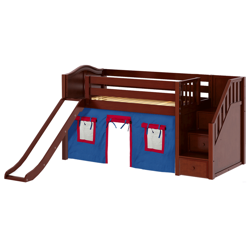 Maxtrix Twin Low Loft Bed with Stairs, Curtain + Slide