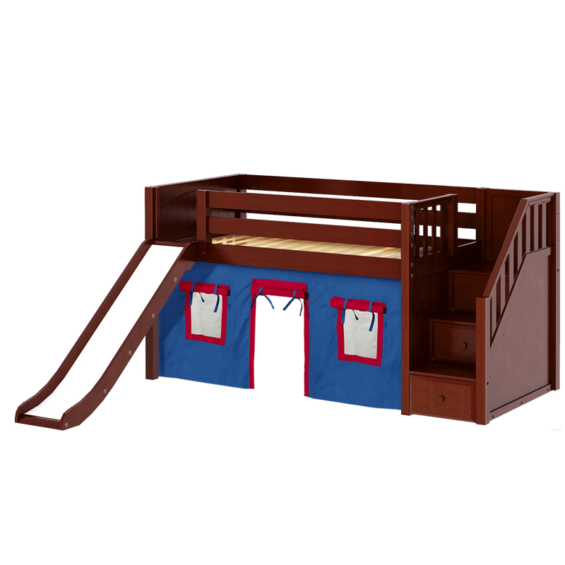 Maxtrix Twin Low Loft Bed with Stairs, Curtain + Slide