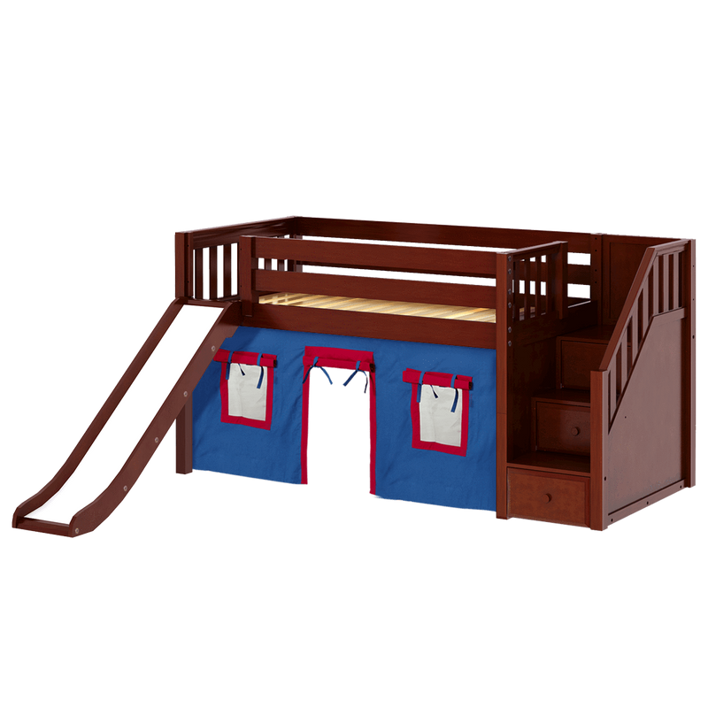Maxtrix Twin Low Loft Bed with Stairs, Curtain + Slide