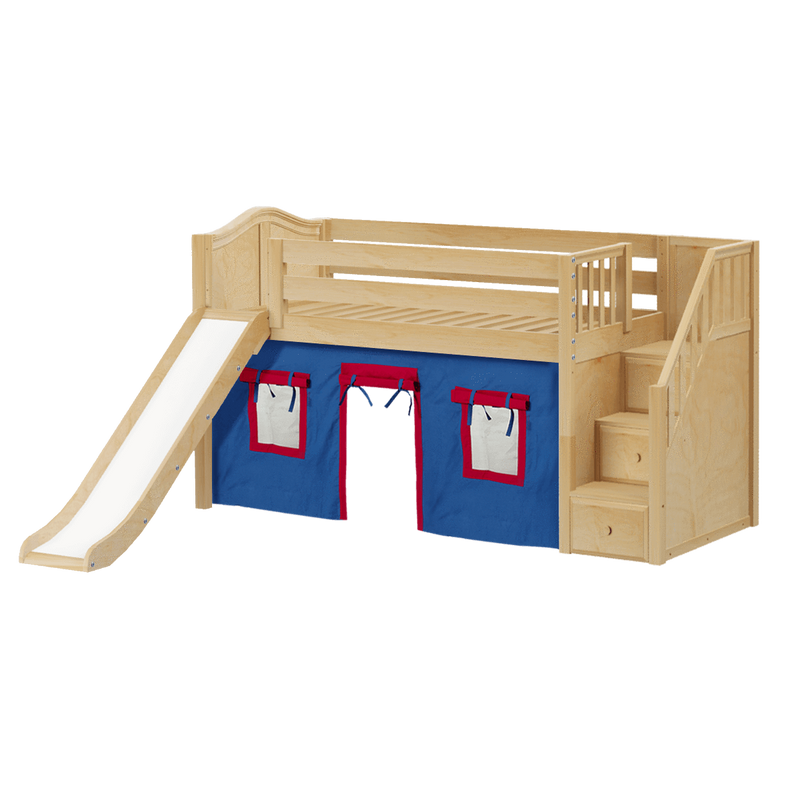 Maxtrix Twin Low Loft Bed with Stairs, Curtain + Slide