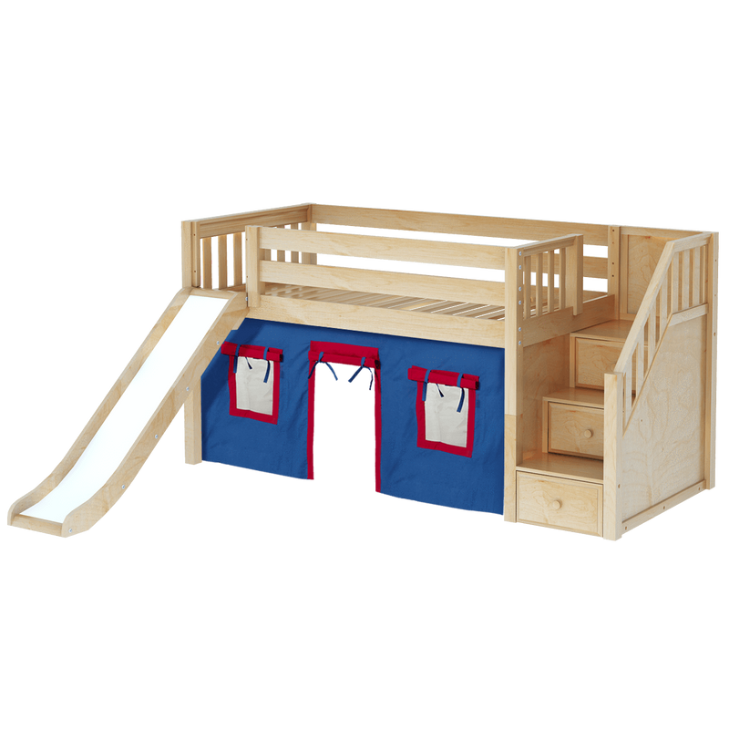 Maxtrix Twin Low Loft Bed with Stairs, Curtain + Slide