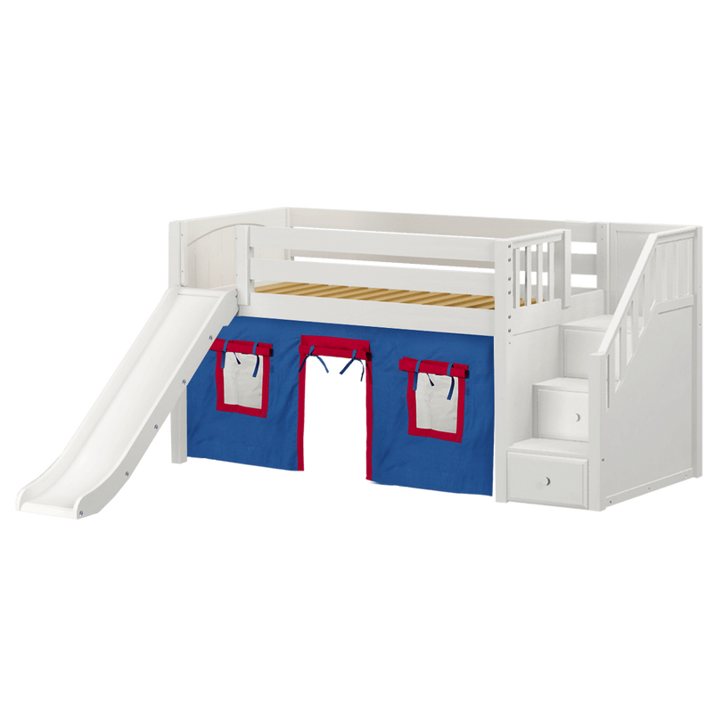 Maxtrix Twin Low Loft Bed with Stairs, Curtain + Slide