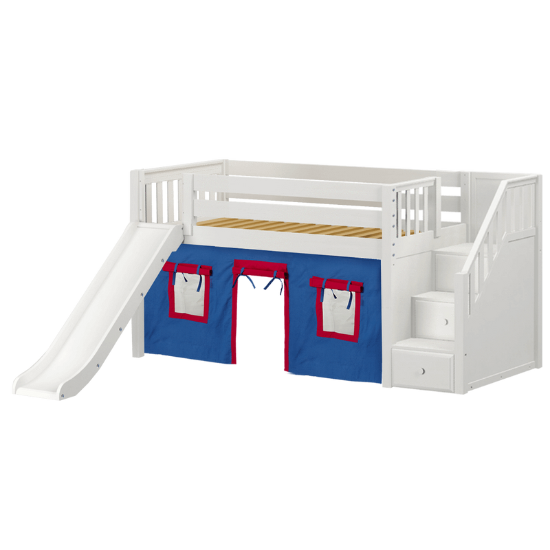 Maxtrix Twin Low Loft Bed with Stairs, Curtain + Slide