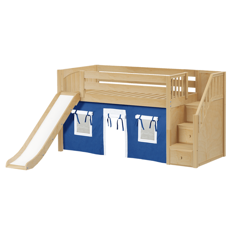 Maxtrix Twin Low Loft Bed with Stairs, Curtain + Slide