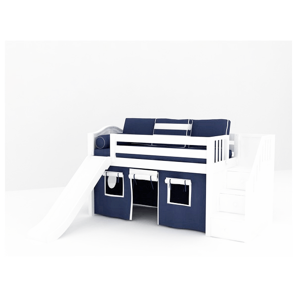 Maxtrix Twin Low Loft Bed with Stairs, Curtain + Slide