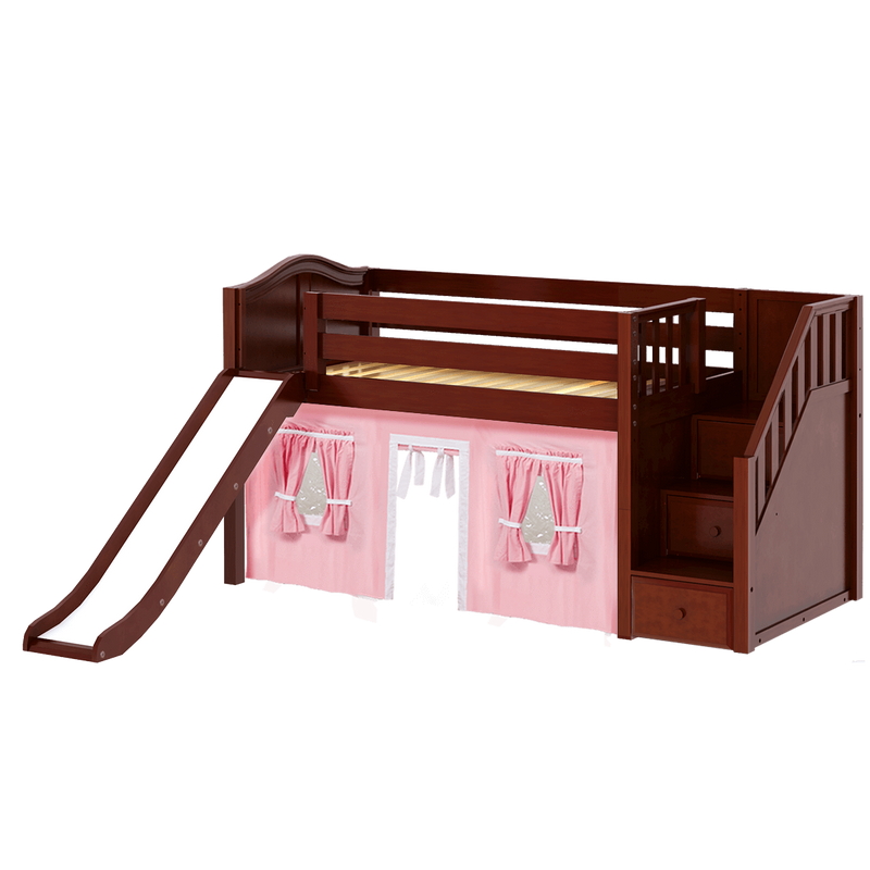 Maxtrix Twin Low Loft Bed with Stairs, Curtain + Slide