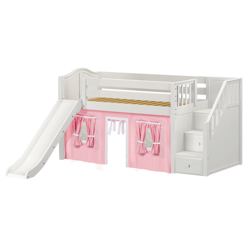 Maxtrix Twin Low Loft Bed with Stairs, Curtain + Slide