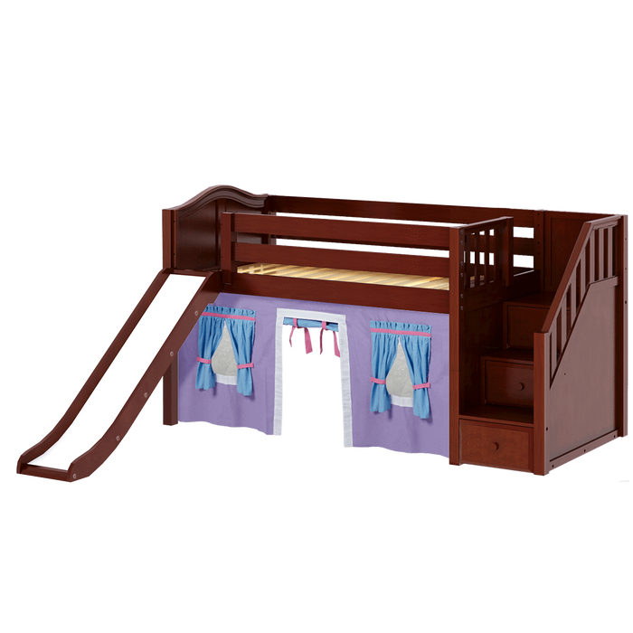 Maxtrix Twin Low Loft Bed with Stairs, Curtain + Slide