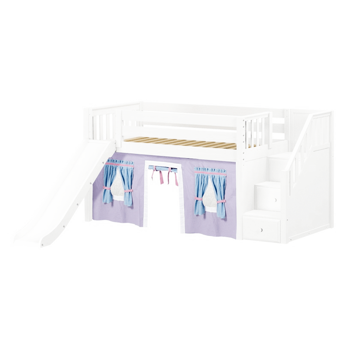 Maxtrix Twin Low Loft Bed with Stairs, Curtain + Slide