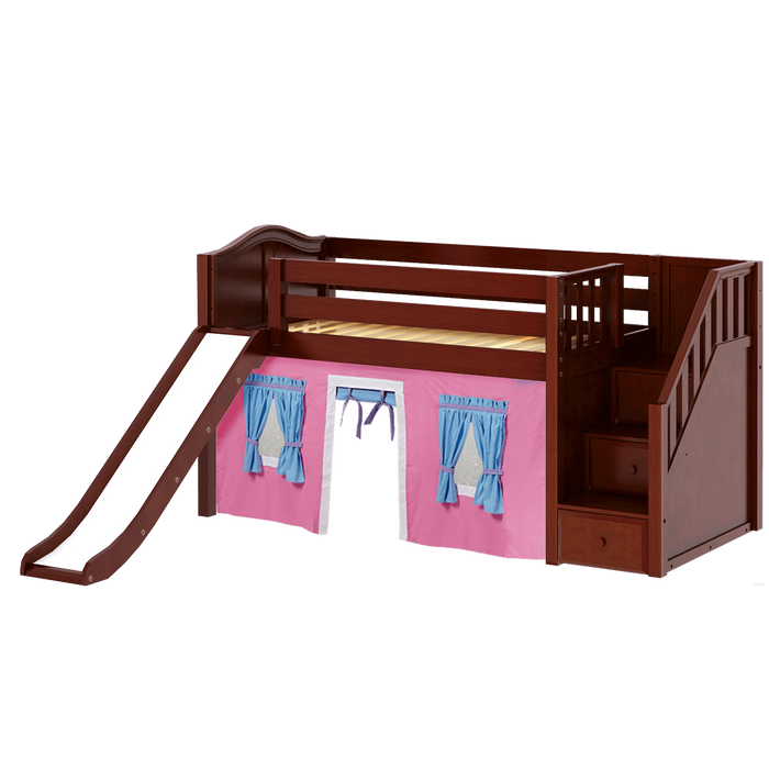 Maxtrix Twin Low Loft Bed with Stairs, Curtain + Slide