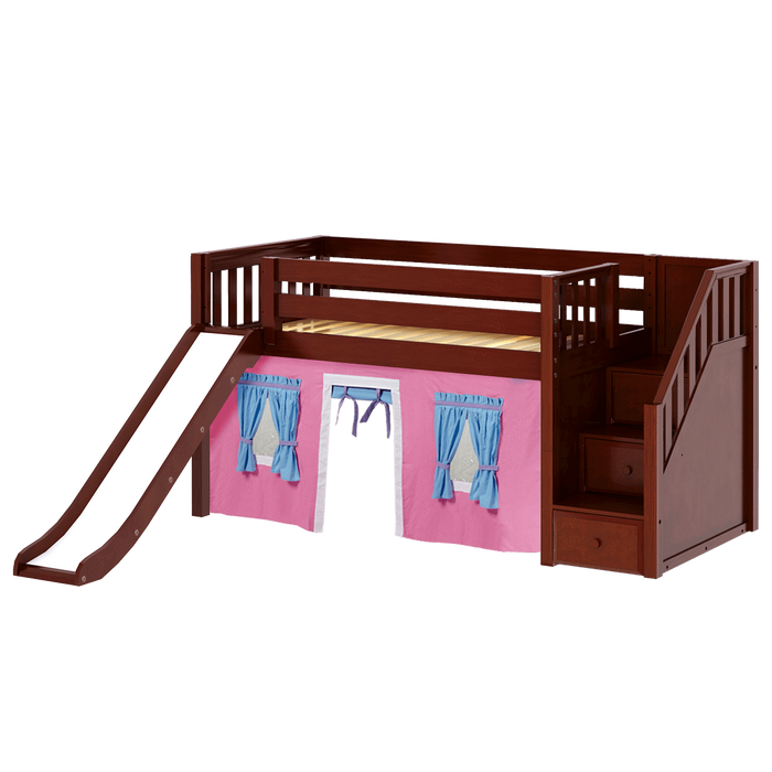 Maxtrix Twin Low Loft Bed with Stairs, Curtain + Slide