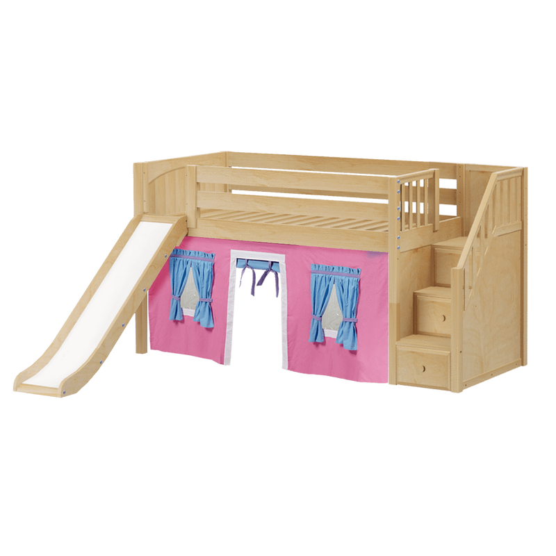Maxtrix Twin Low Loft Bed with Stairs, Curtain + Slide
