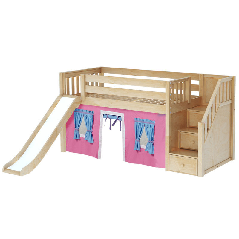 Maxtrix Twin Low Loft Bed with Stairs, Curtain + Slide