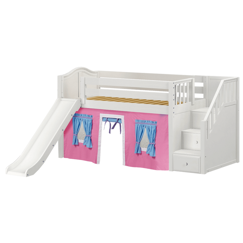Maxtrix Twin Low Loft Bed with Stairs, Curtain + Slide