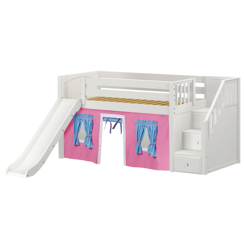 Maxtrix Twin Low Loft Bed with Stairs, Curtain + Slide