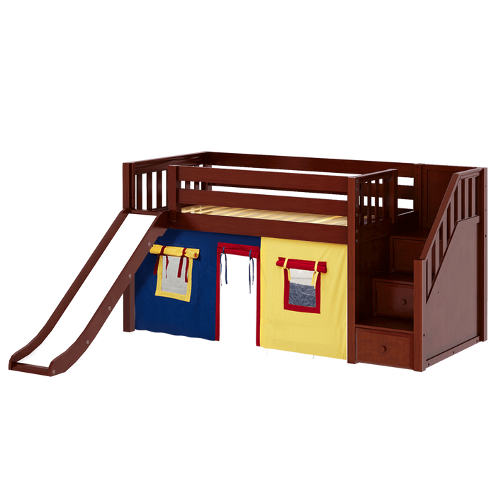 Maxtrix Twin Low Loft Bed with Stairs, Curtain + Slide