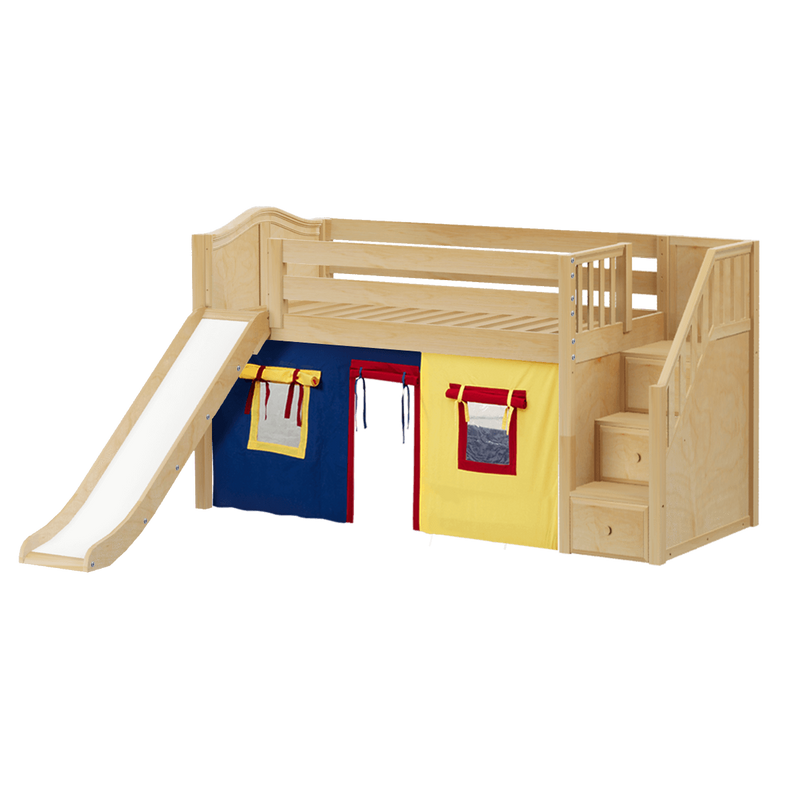 Maxtrix Twin Low Loft Bed with Stairs, Curtain + Slide