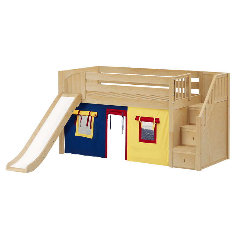 Maxtrix Twin Low Loft Bed with Stairs, Curtain + Slide