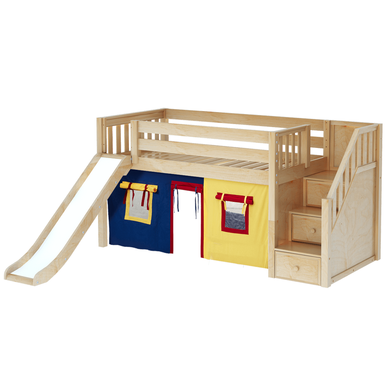 Maxtrix Twin Low Loft Bed with Stairs, Curtain + Slide