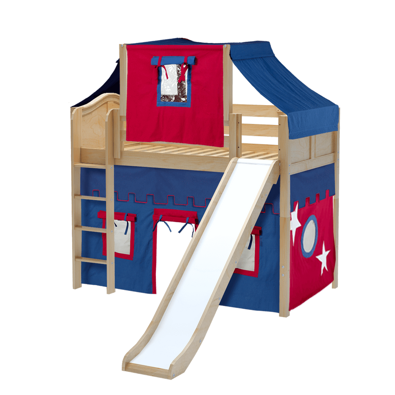 Maxtrix Twin Mid Loft Bed with Straight Ladder, Curtain, Top Tent + Slide