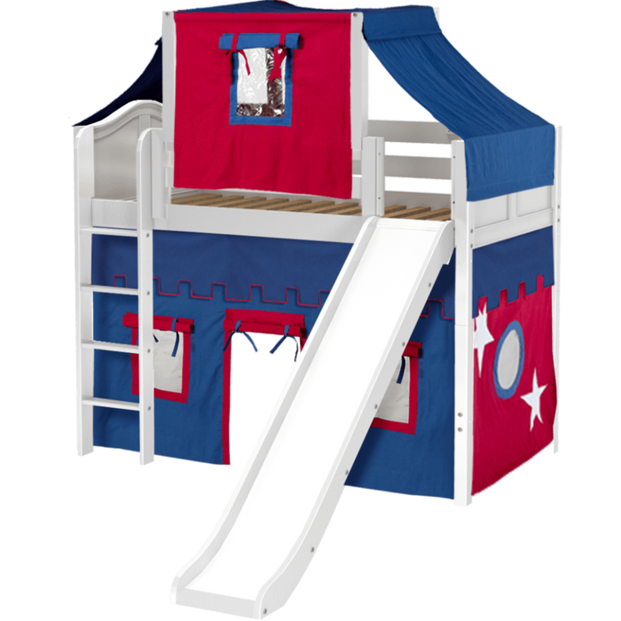 Maxtrix Twin Mid Loft Bed with Straight Ladder, Curtain, Top Tent + Slide