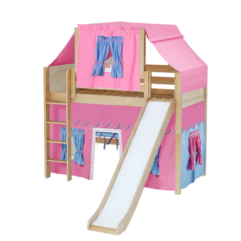 Maxtrix Twin Mid Loft Bed with Straight Ladder, Curtain, Top Tent + Slide