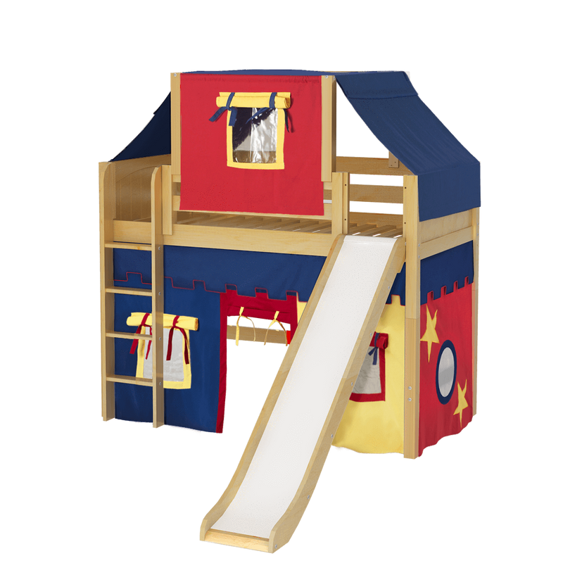 Maxtrix Twin Mid Loft Bed with Straight Ladder, Curtain, Top Tent + Slide