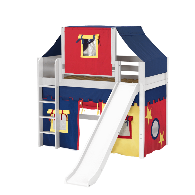 Maxtrix Twin Mid Loft Bed with Straight Ladder, Curtain, Top Tent + Slide