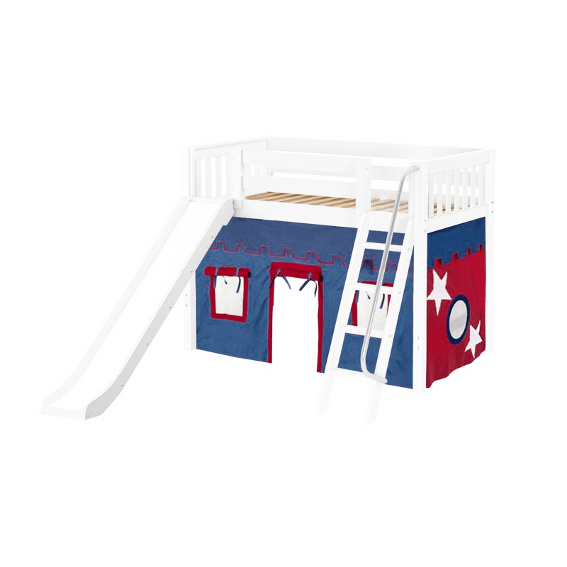 Maxtrix Twin Mid Loft Bed with Angled Ladder, Curtain + Slide