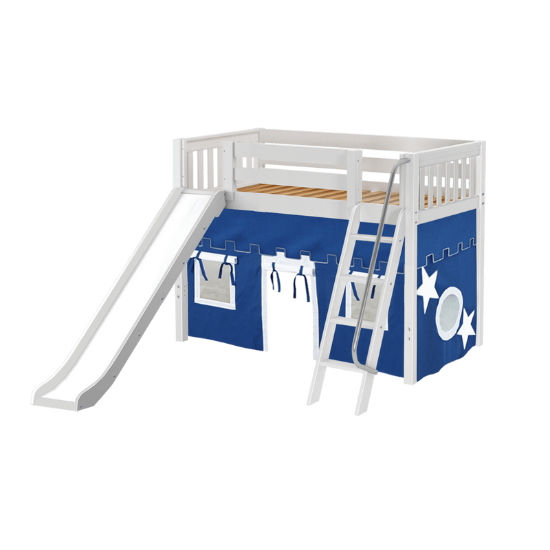 Maxtrix Twin Mid Loft Bed with Angled Ladder, Curtain + Slide