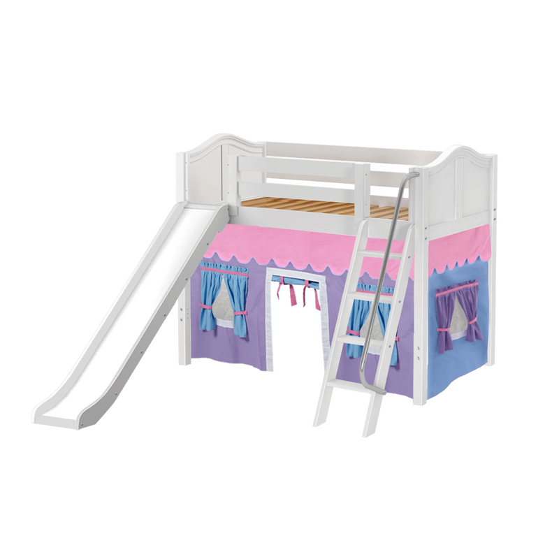 Maxtrix Twin Mid Loft Bed with Angled Ladder, Curtain + Slide