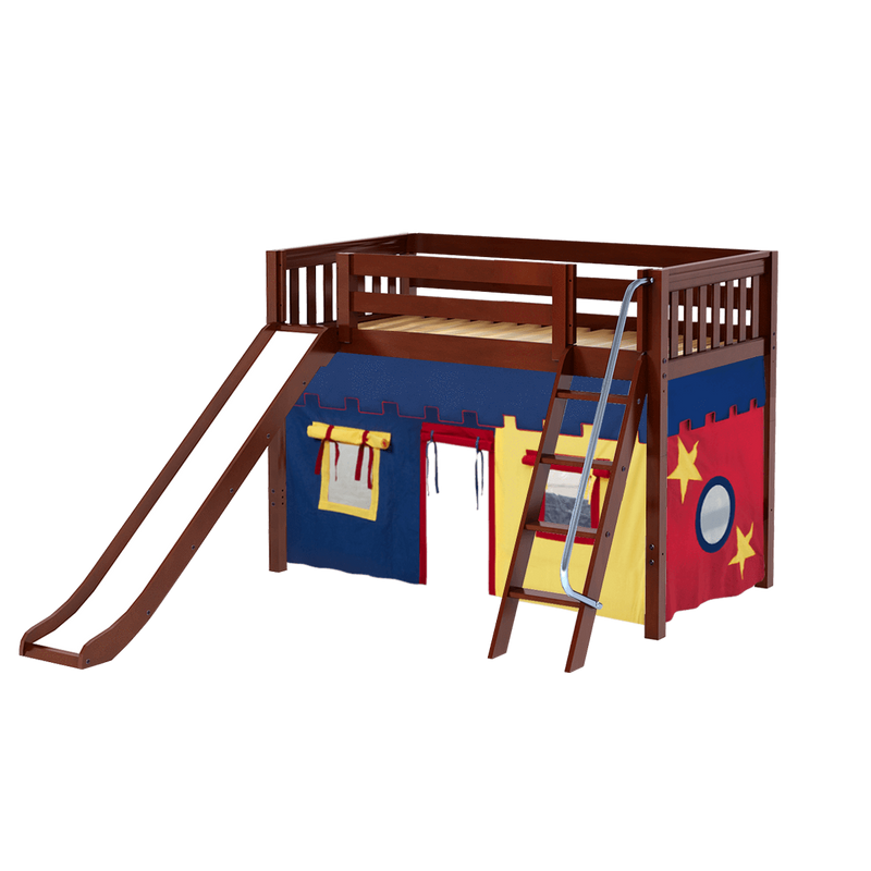 Maxtrix Twin Mid Loft Bed with Angled Ladder, Curtain + Slide