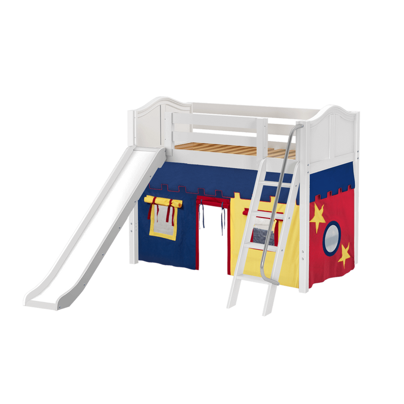 Maxtrix Twin Mid Loft Bed with Angled Ladder, Curtain + Slide