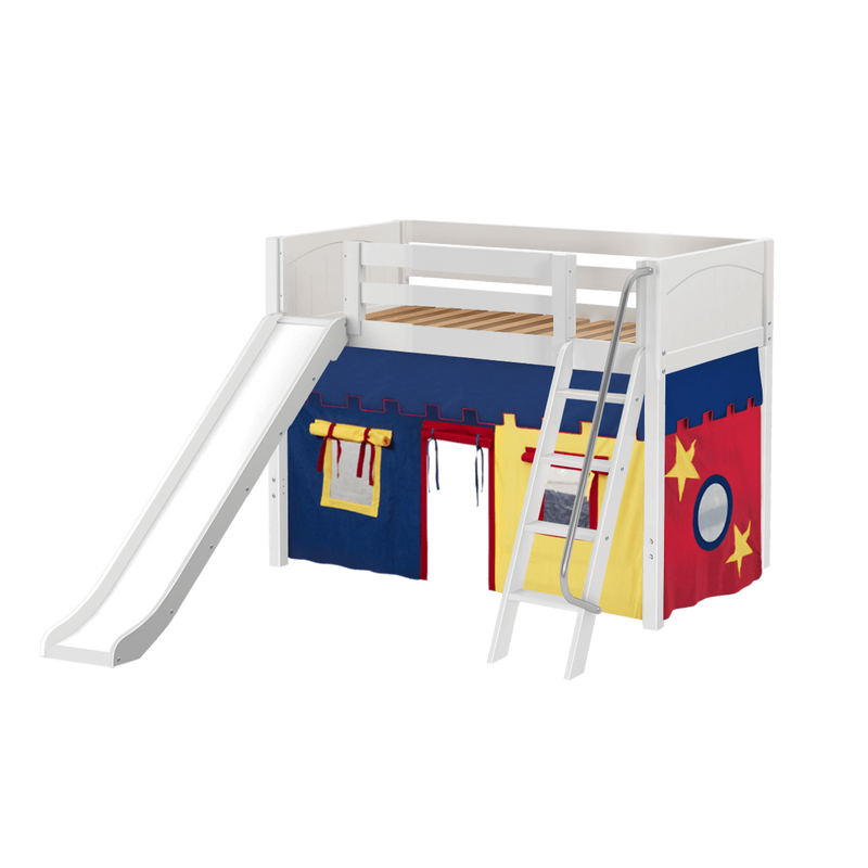Maxtrix Twin Mid Loft Bed with Angled Ladder, Curtain + Slide