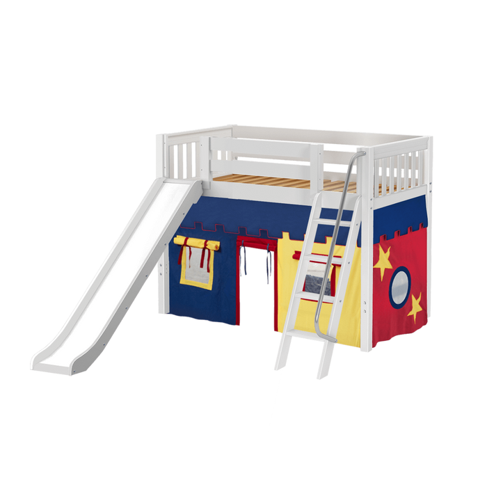 Maxtrix Twin Mid Loft Bed with Angled Ladder, Curtain + Slide