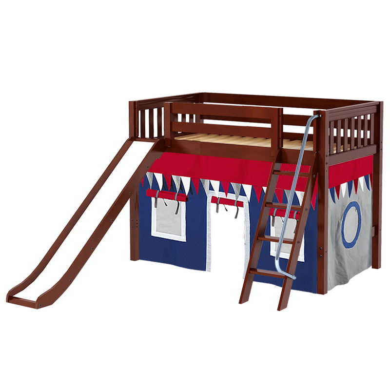 Maxtrix Twin Mid Loft Bed with Angled Ladder, Curtain + Slide