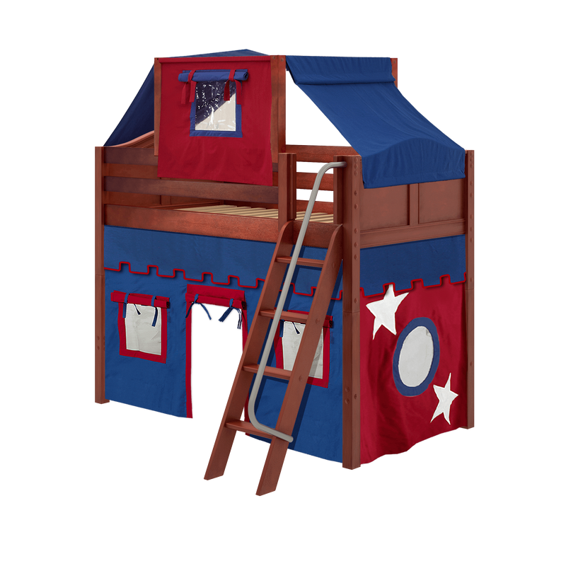 Maxtrix Twin Mid Loft Bed with Angled Ladder, Curtain + Top Tent