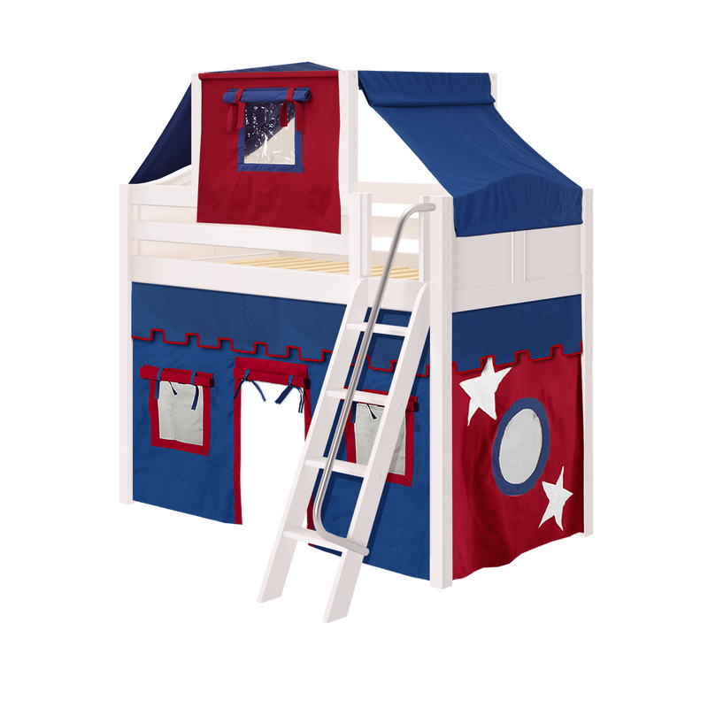 Maxtrix Twin Mid Loft Bed with Angled Ladder, Curtain + Top Tent