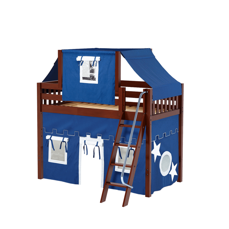 Maxtrix Twin Mid Loft Bed with Angled Ladder, Curtain + Top Tent