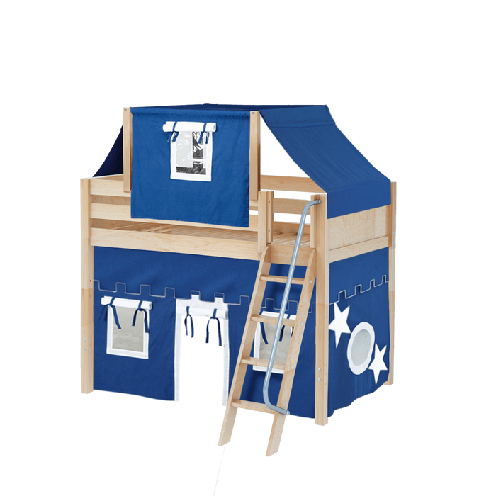 Maxtrix Twin Mid Loft Bed with Angled Ladder, Curtain + Top Tent