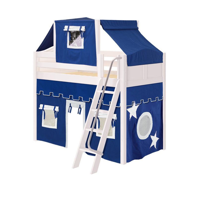 Maxtrix Twin Mid Loft Bed with Angled Ladder, Curtain + Top Tent