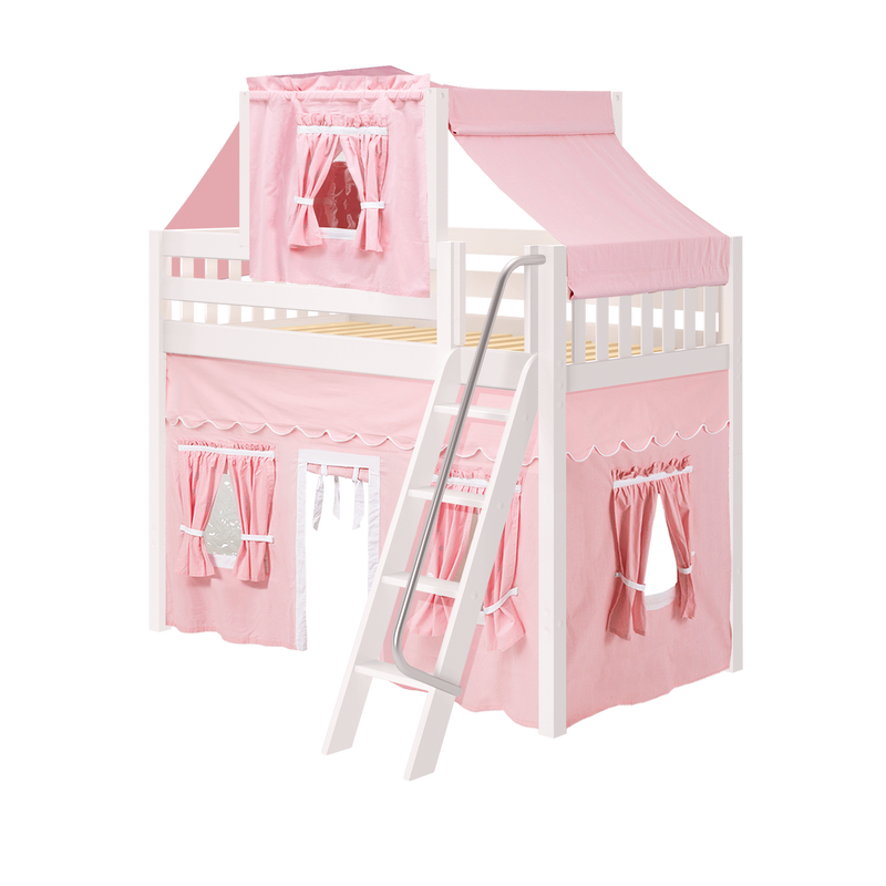 Maxtrix Twin Mid Loft Bed with Angled Ladder, Curtain + Top Tent