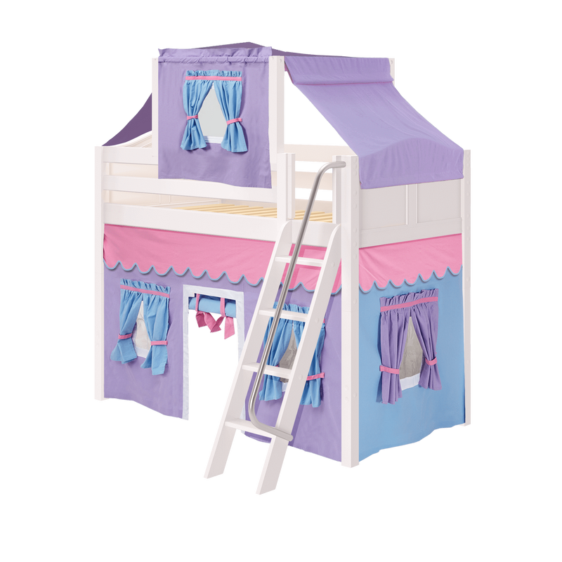 Maxtrix Twin Mid Loft Bed with Angled Ladder, Curtain + Top Tent