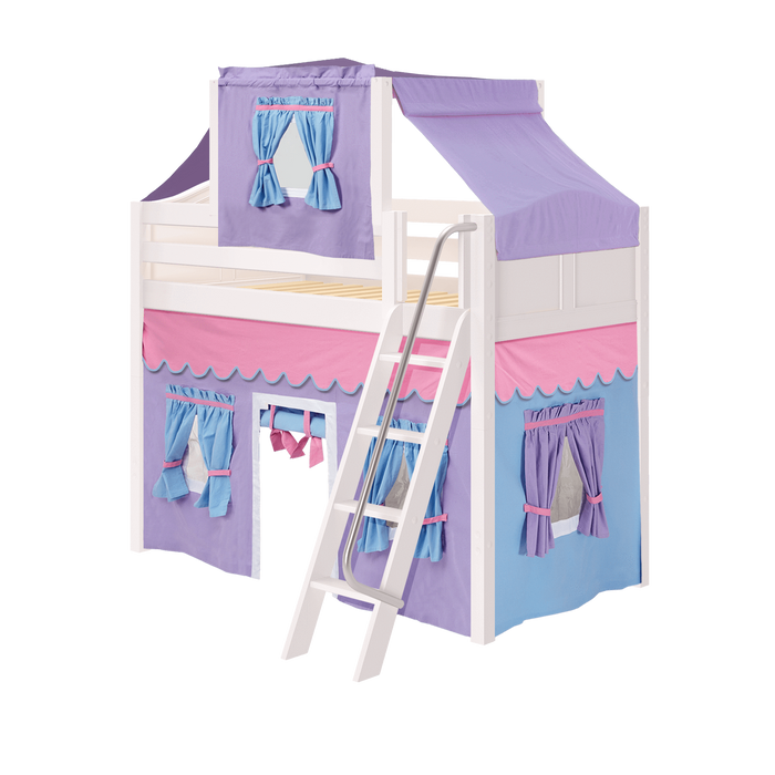 Maxtrix Twin Mid Loft Bed with Angled Ladder, Curtain + Top Tent
