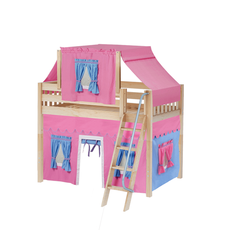 Maxtrix Twin Mid Loft Bed with Angled Ladder, Curtain + Top Tent