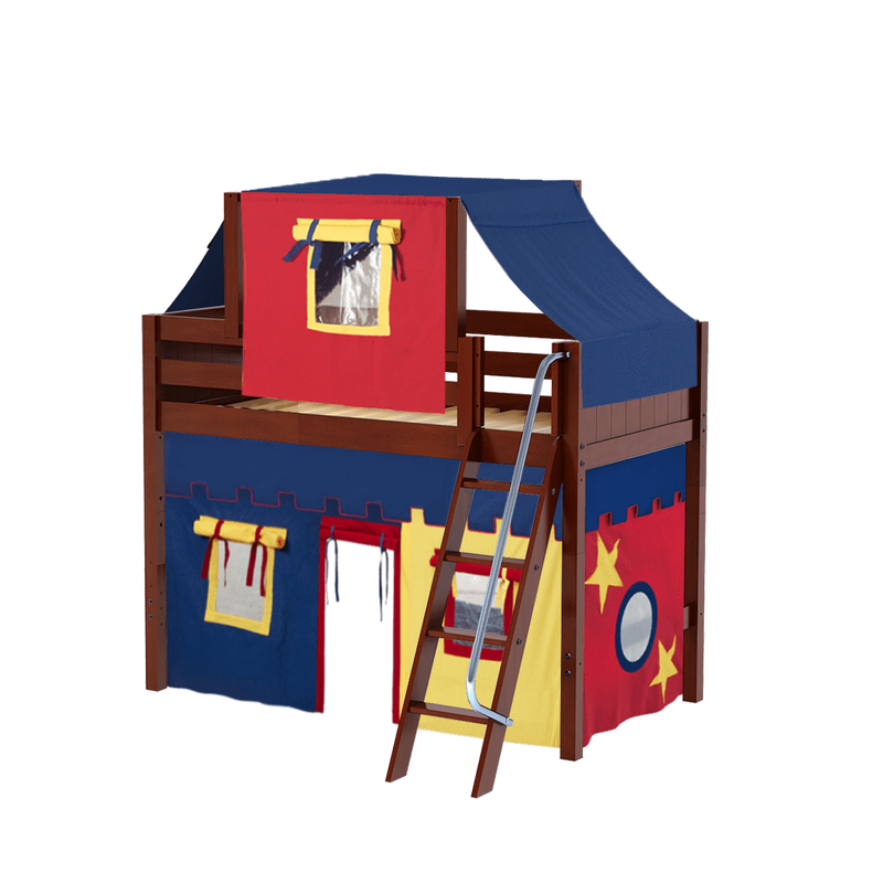 Maxtrix Twin Mid Loft Bed with Angled Ladder, Curtain + Top Tent