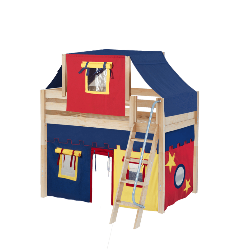 Maxtrix Twin Mid Loft Bed with Angled Ladder, Curtain + Top Tent