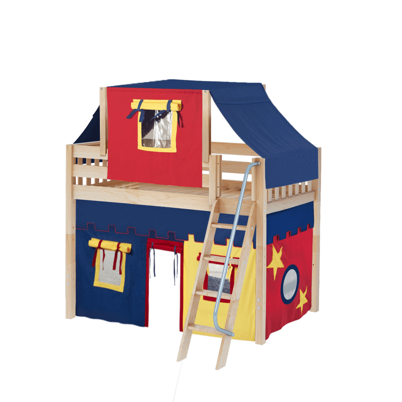 Maxtrix Twin Mid Loft Bed with Angled Ladder, Curtain + Top Tent