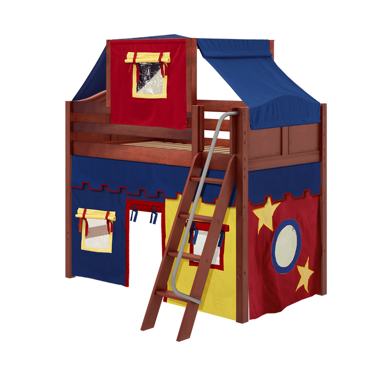 Maxtrix Twin Mid Loft Bed with Angled Ladder, Curtain + Top Tent