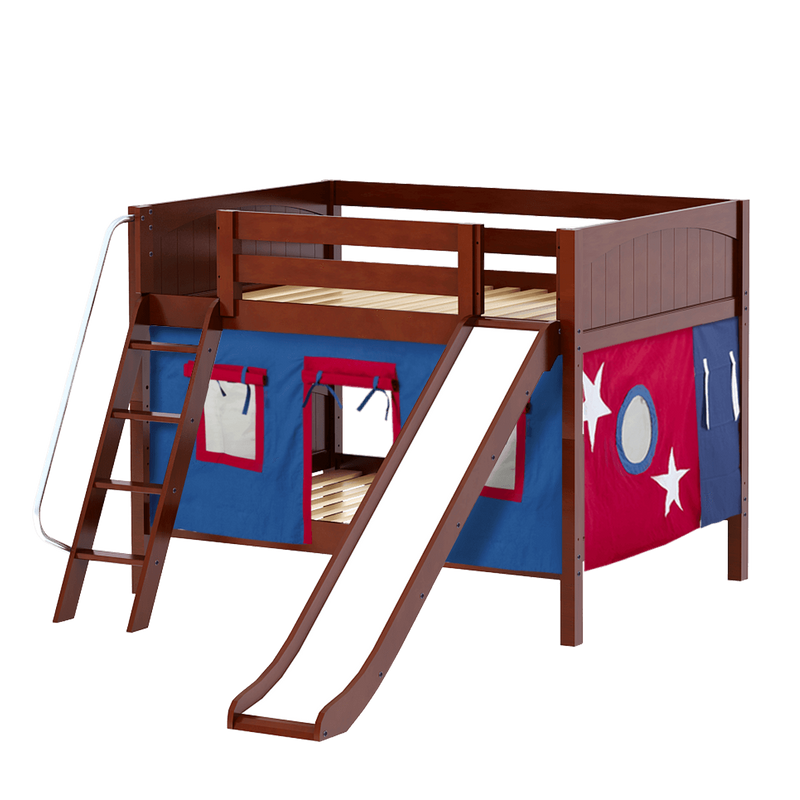 Maxtrix Full Low Bunk Bed with Angled Ladder, Curtain + Slide